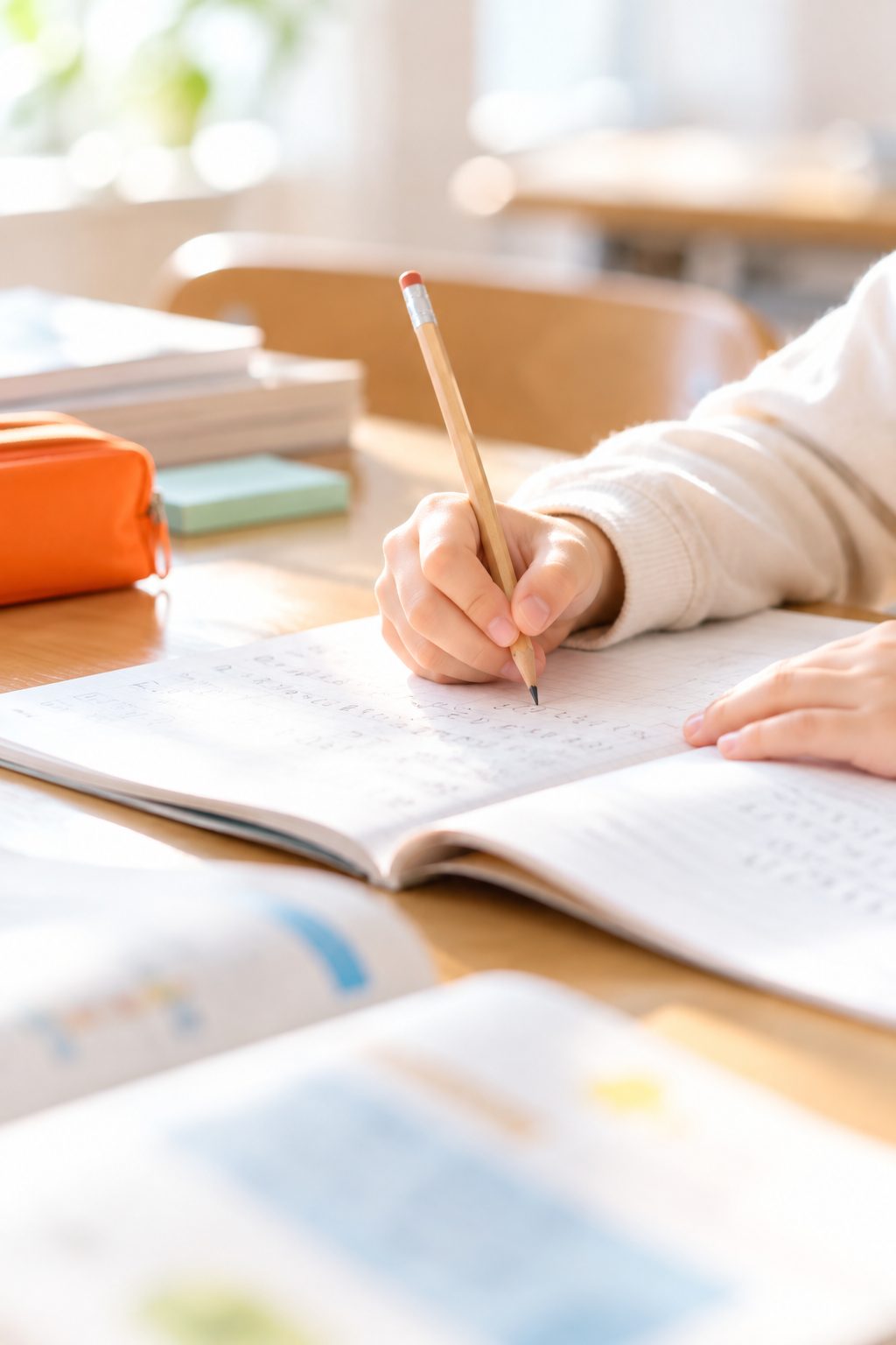 机でノートに書き込む子どもの手元
