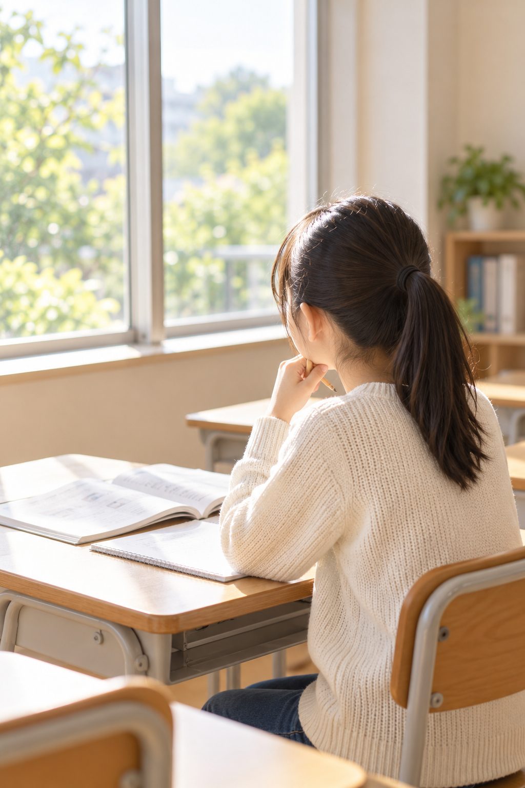 窓際の机で問題を前に自分で考えている女の子の後ろ姿