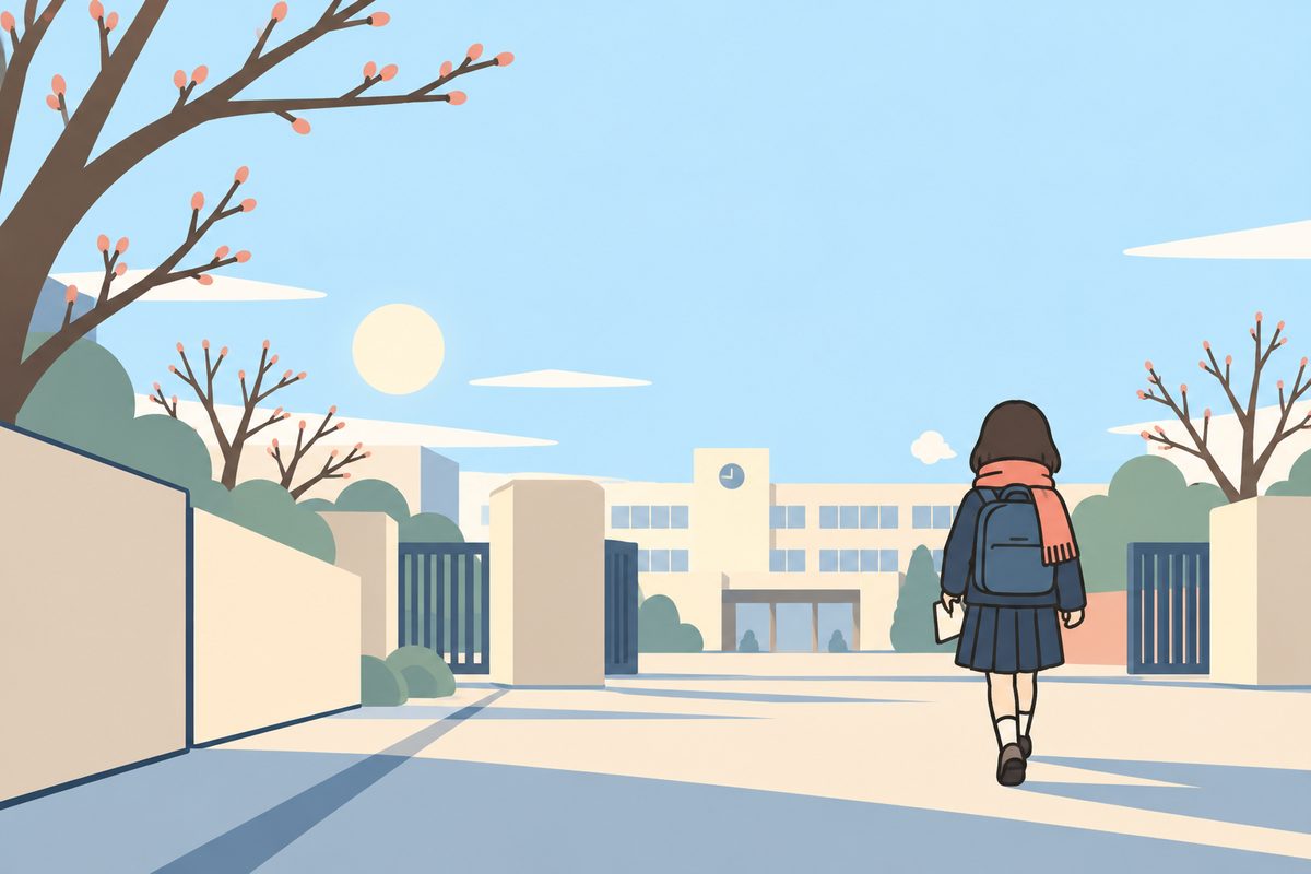 受験当日の朝、校門へ向かう中学生のイラスト