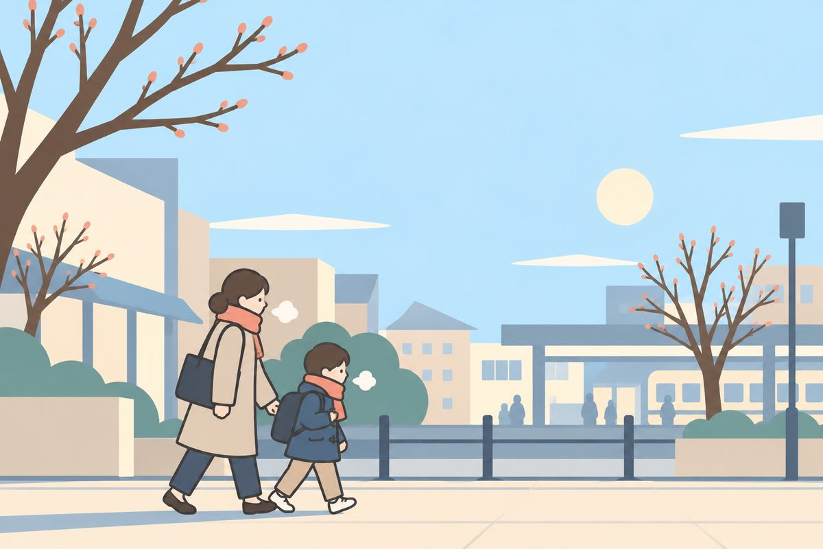 中学受験の当日の朝、親と手をつないで歩く小学生のイラスト
